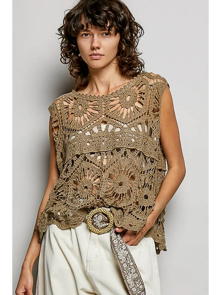 Bohemian Crochet Relaxed Sleeveless Top - One Size Fits Most