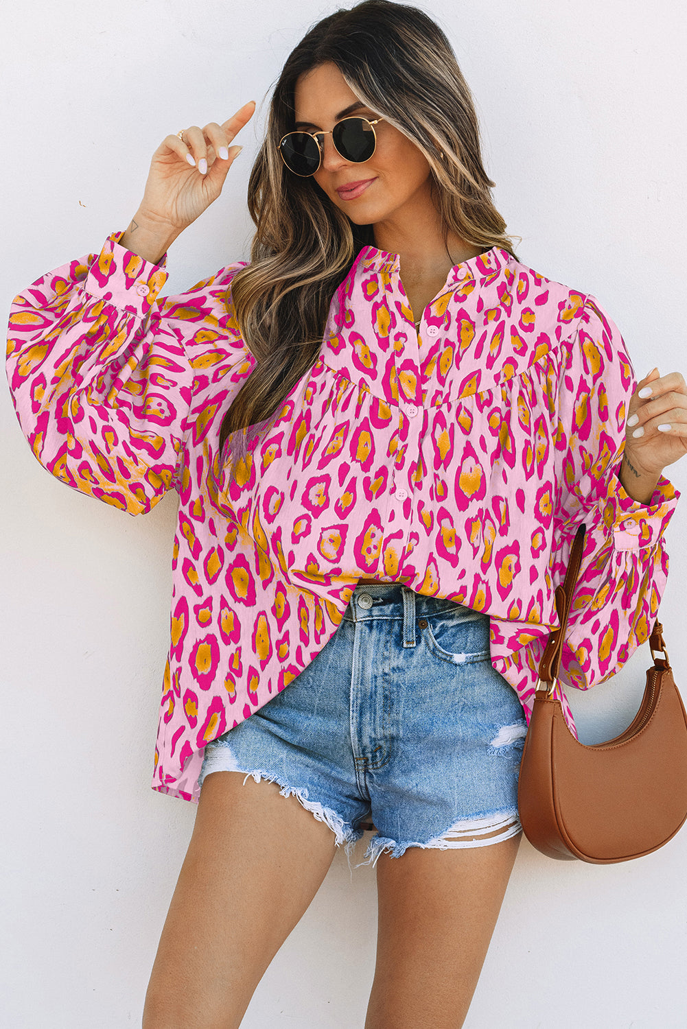Rose Red Oversized Leopard Print Balloon Sleeve Casual Shirt