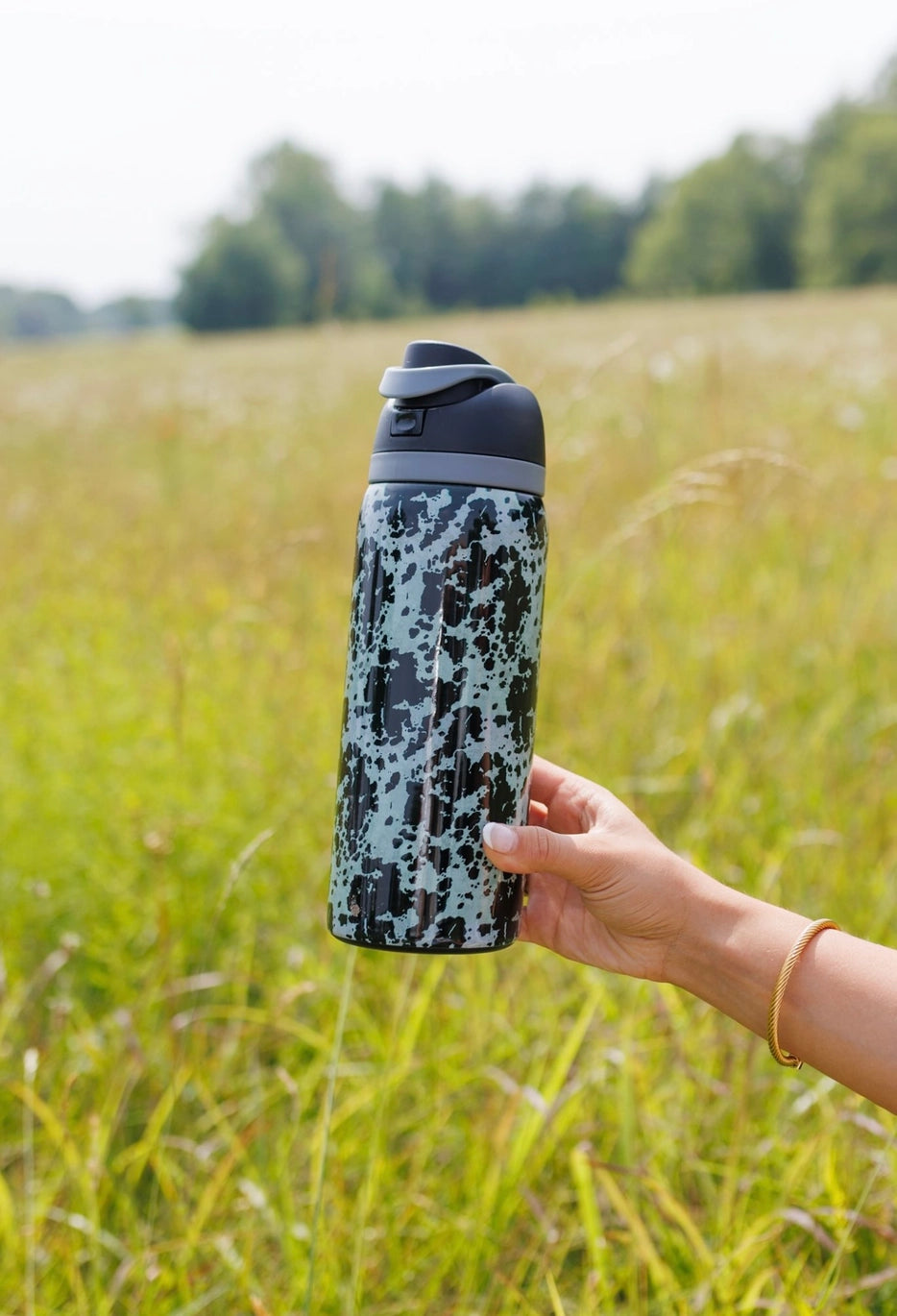 Black and Teal Cowhide Water Bottle