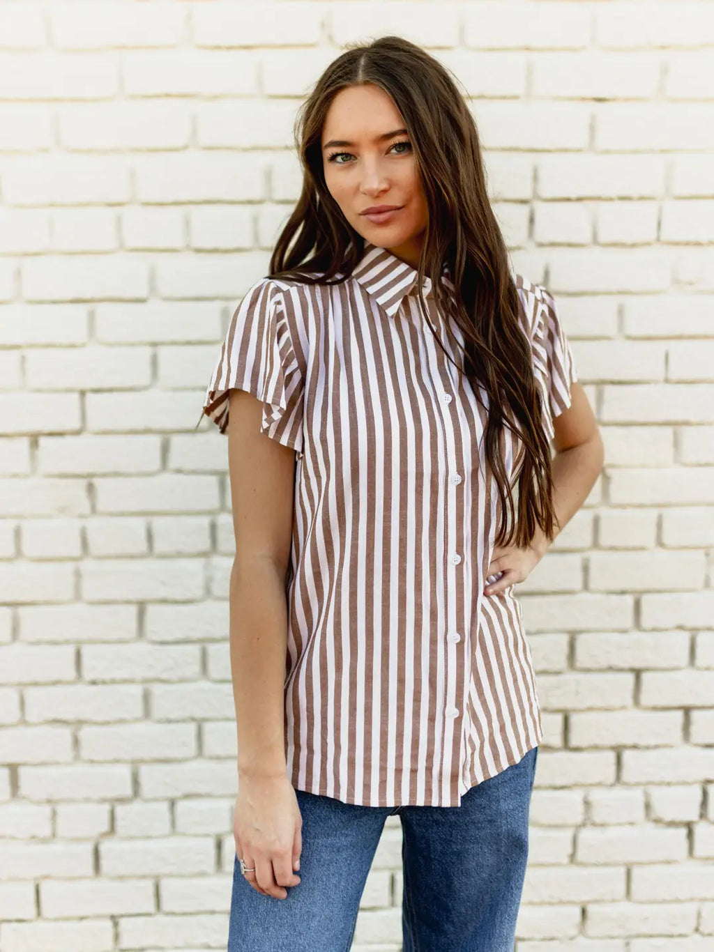 Stripe Flutter Sleeve Blouse Brown and White - Turquoise Haven