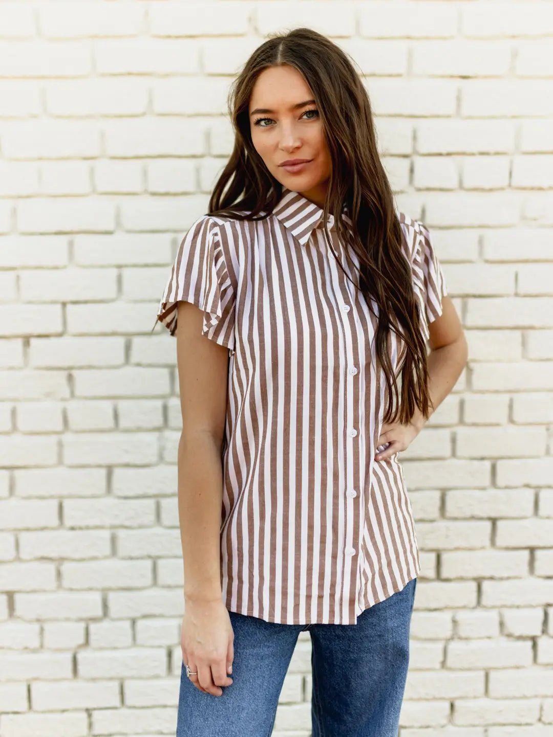 Stripe Flutter Sleeve Blouse Brown and White - Turquoise Haven