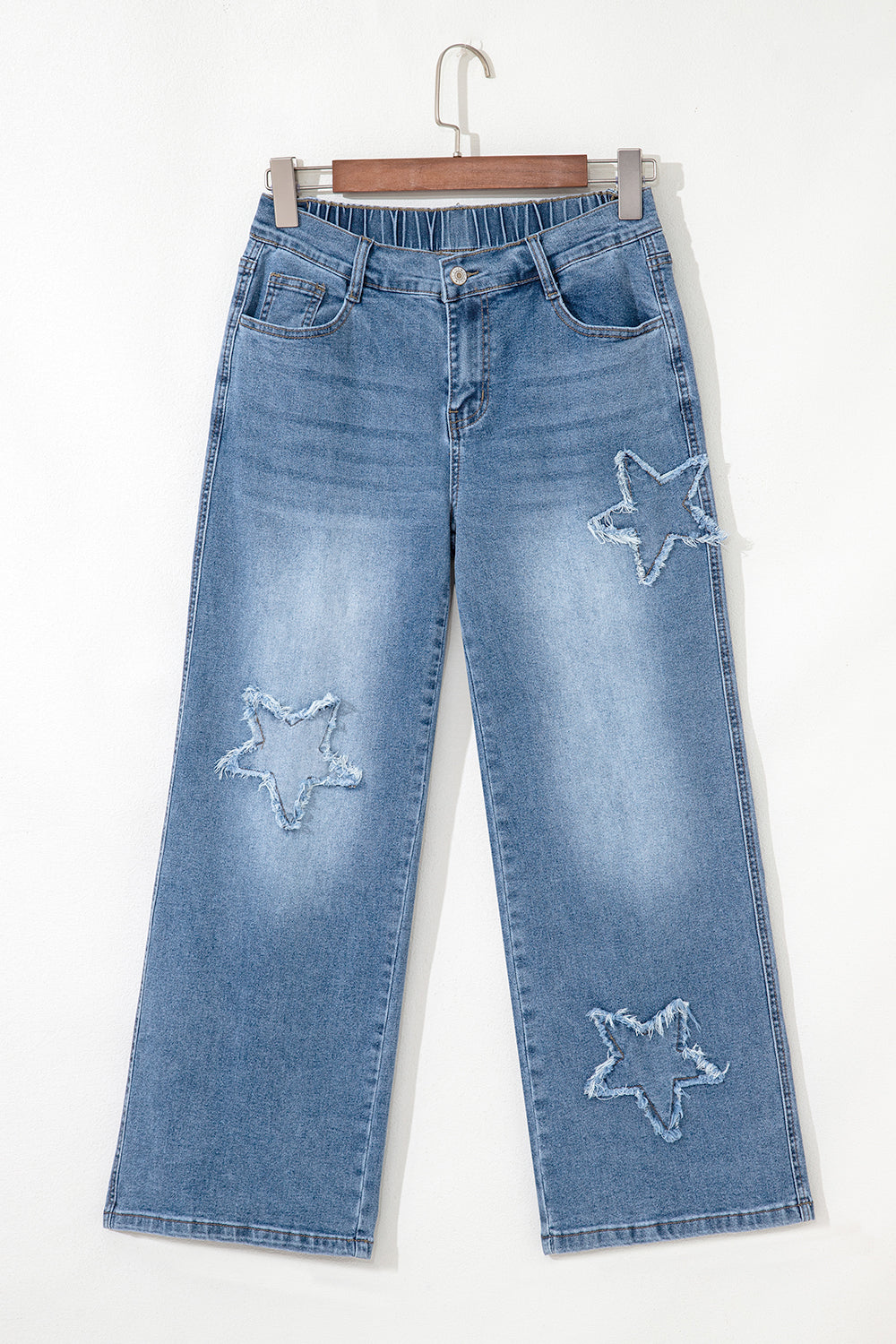 Stone Blue Star Patchwork Cropped Wide Leg High Waist Jeans