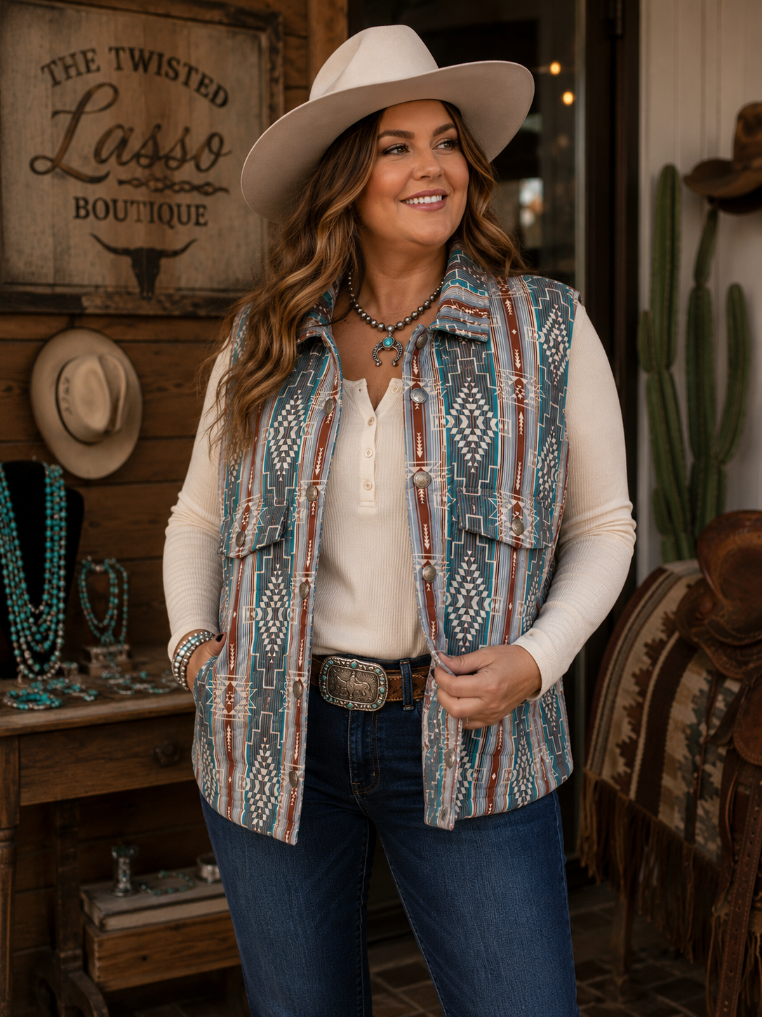 Vintage Teal Aztec Printed Qulited Vest Plus Size