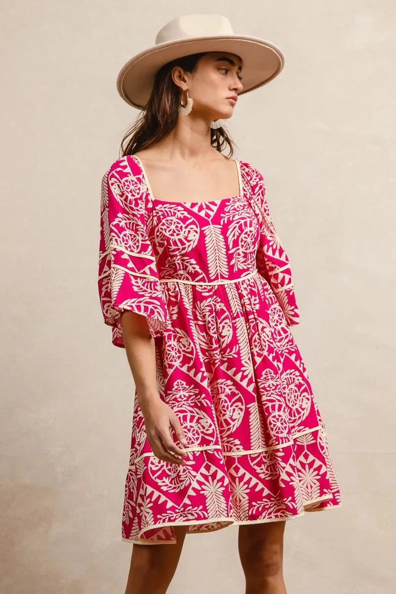BiBi Aztec Woven Printed Contrast Binding Dress