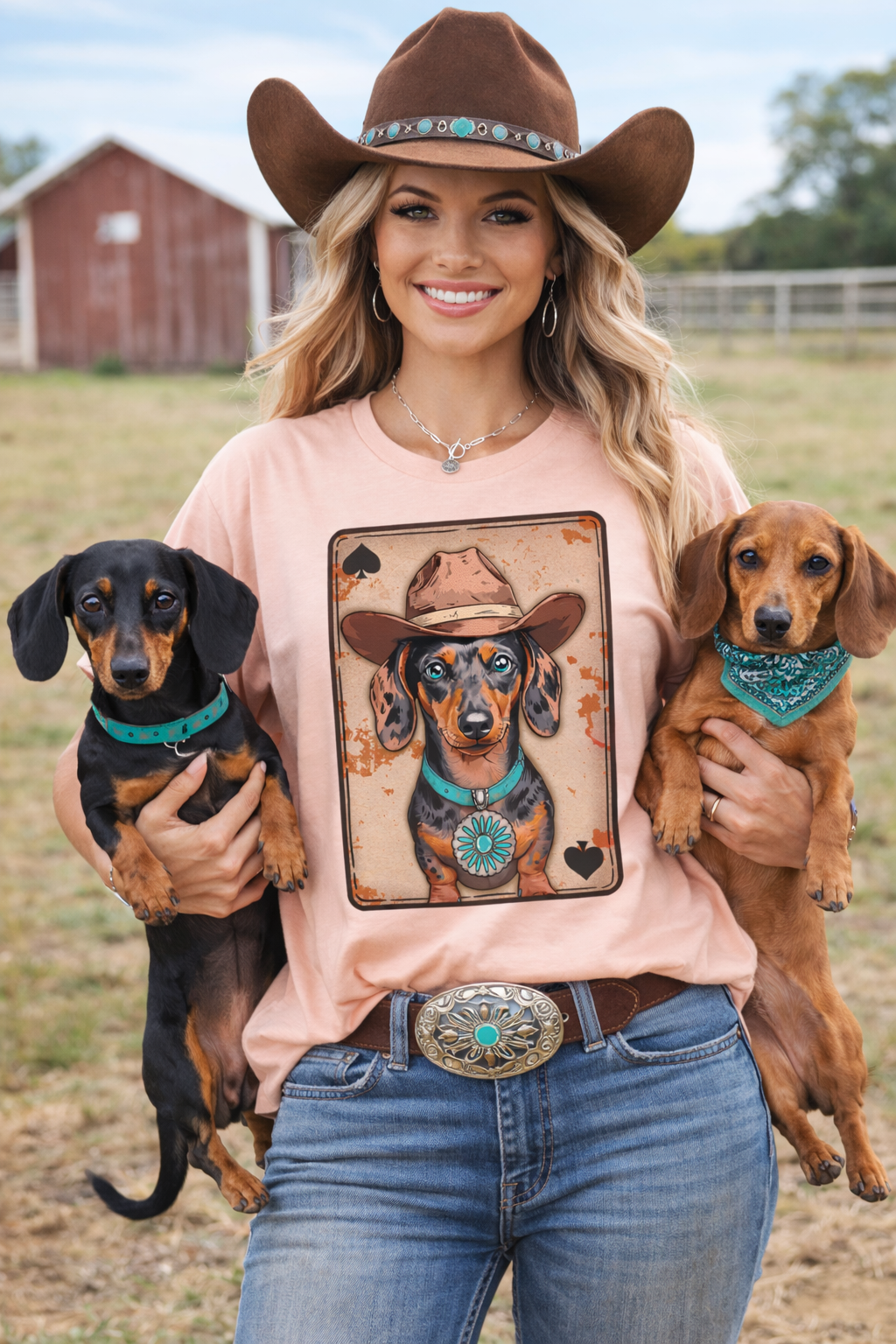 Western Dog Cowboy Dachshund Turquoise Graphic Tee