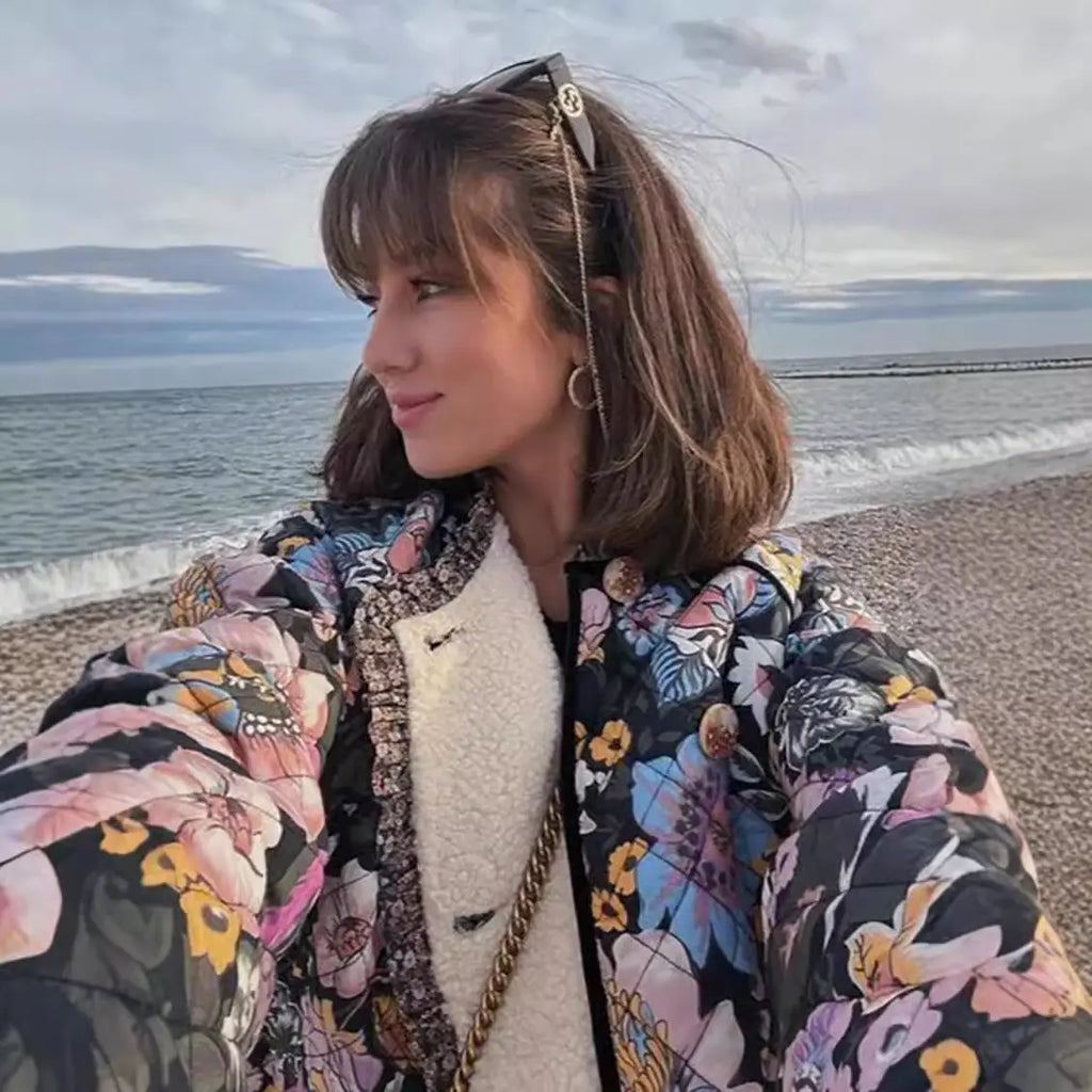 Quilted Floral Jacket with Sherpa Lining and Flare Sleeve - Lightweight