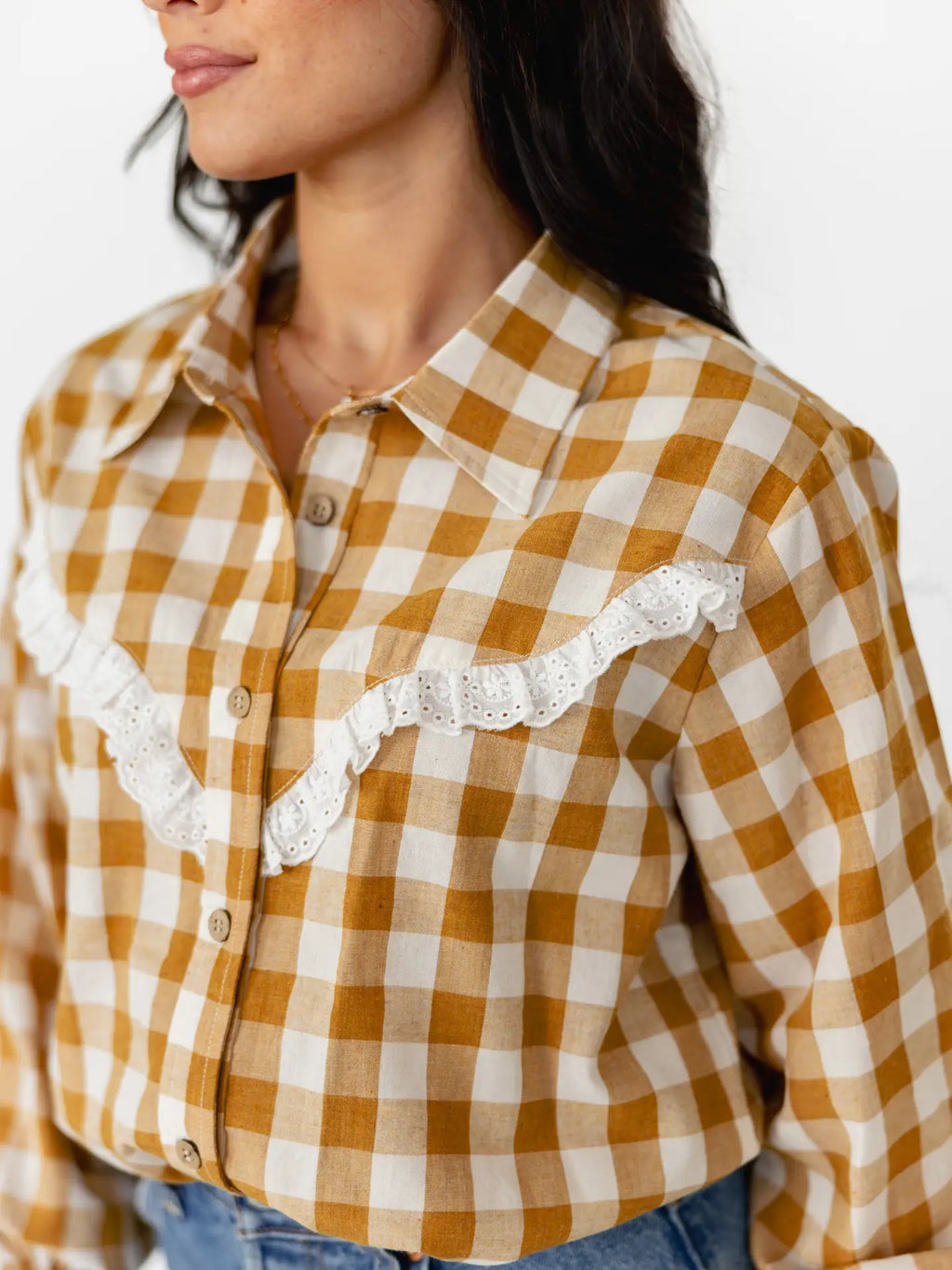 Mustard Gingham Puff Sleeve Top