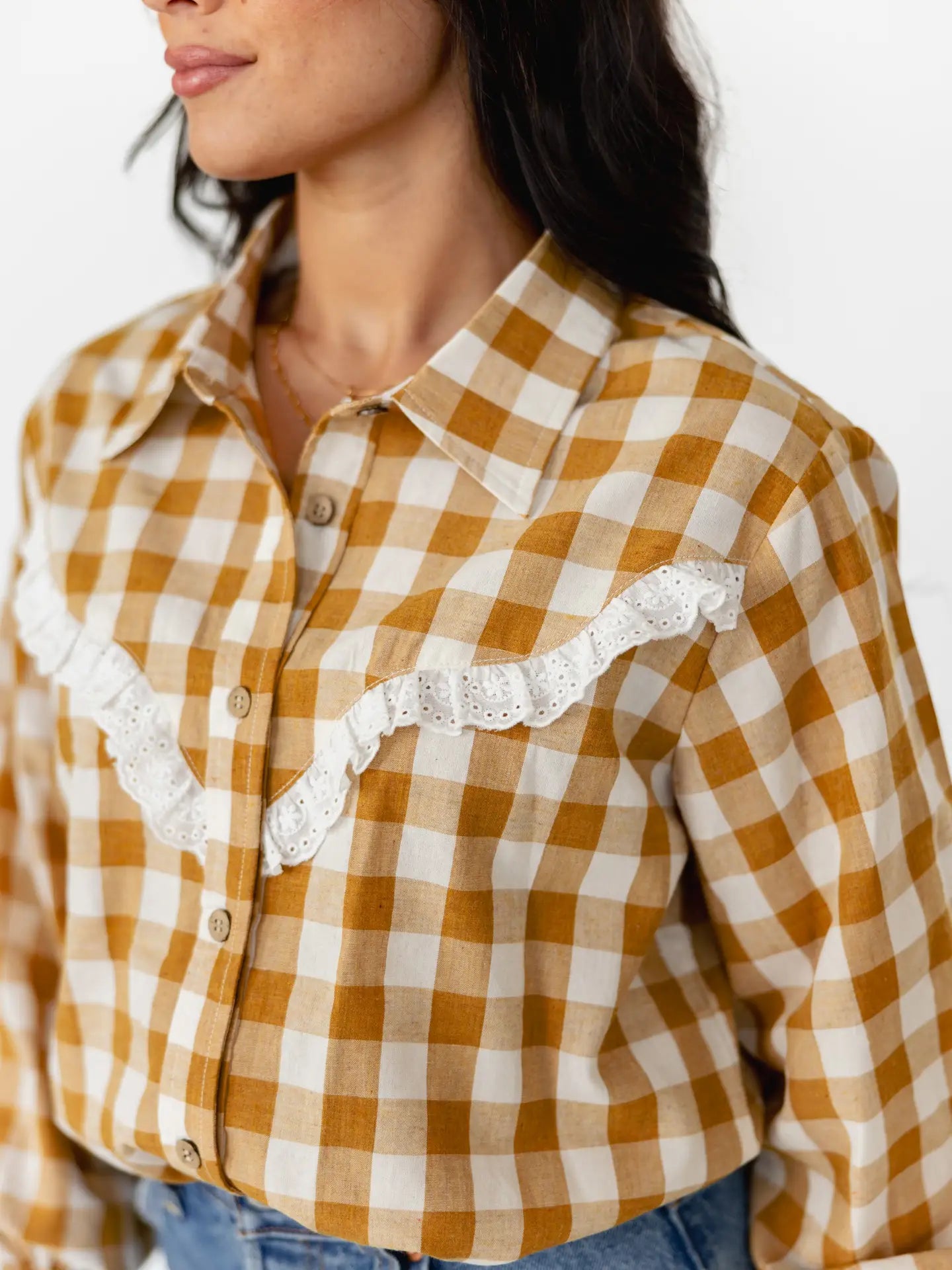Mustard Gingham Puff Sleeve Top