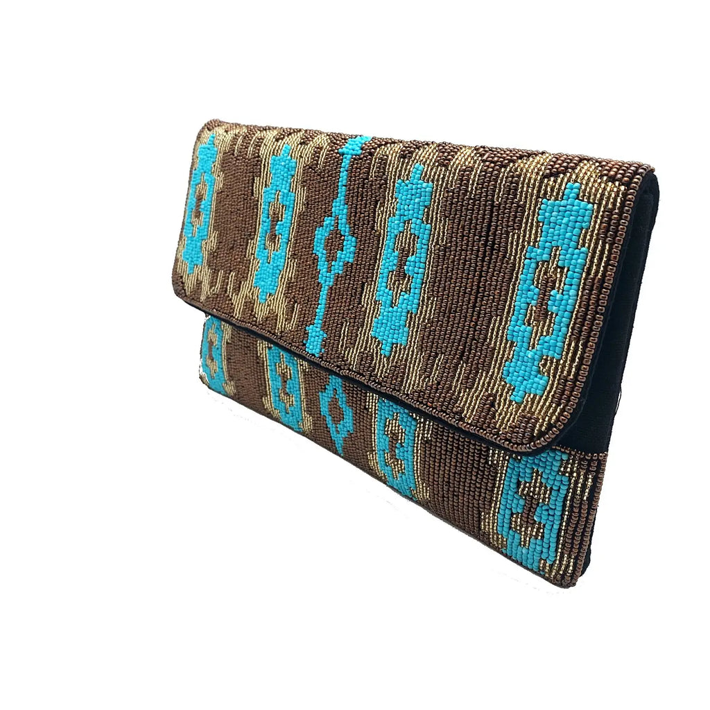 Gold and Turquoise Ikat Beaded Cluth/Handbag