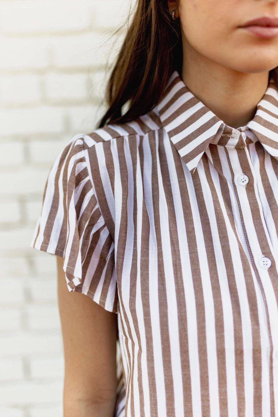 Stripe Flutter Sleeve Blouse Brown and White - Turquoise Haven