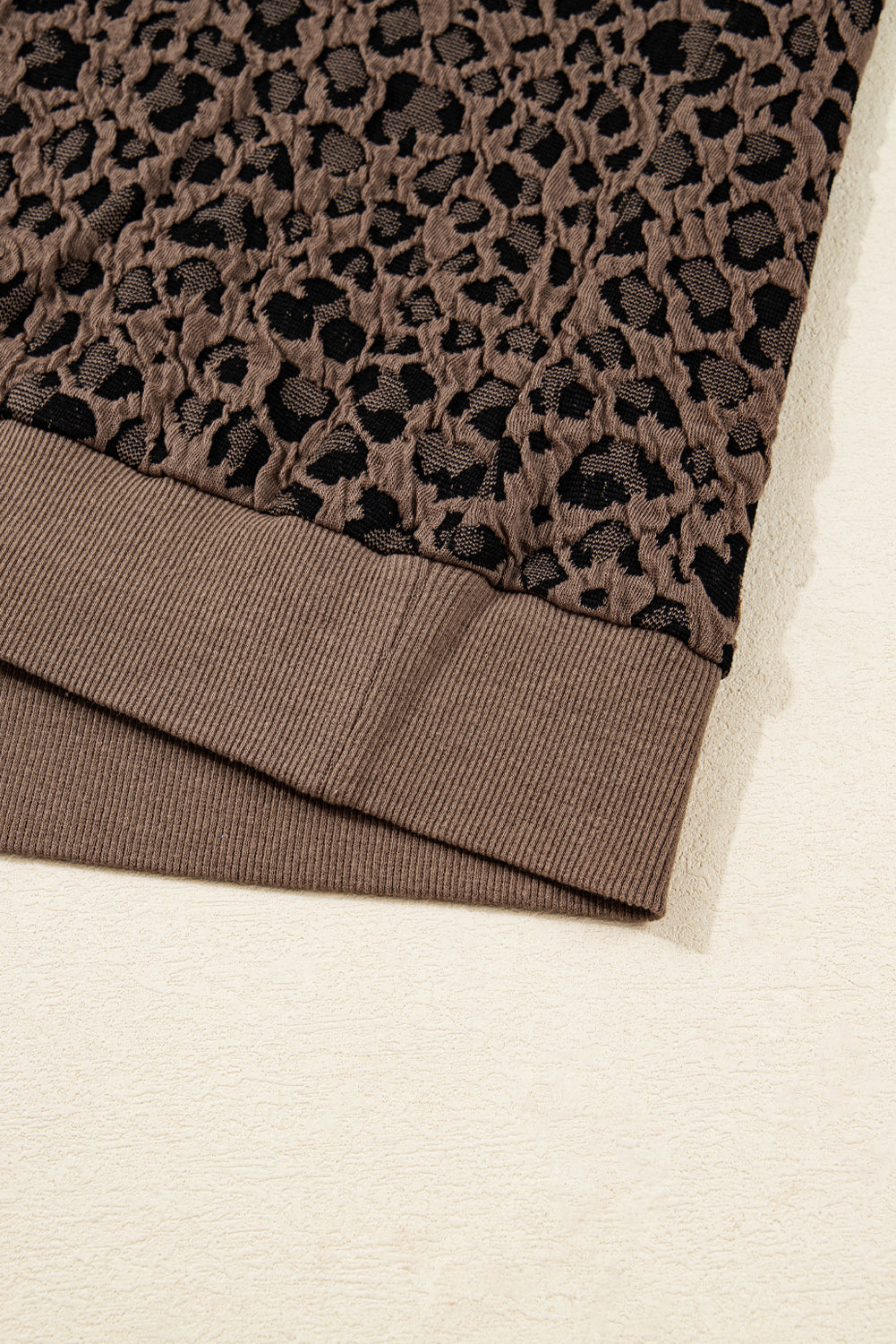 Brown Ribbed Trim Leopard Print Long Sleeve Top