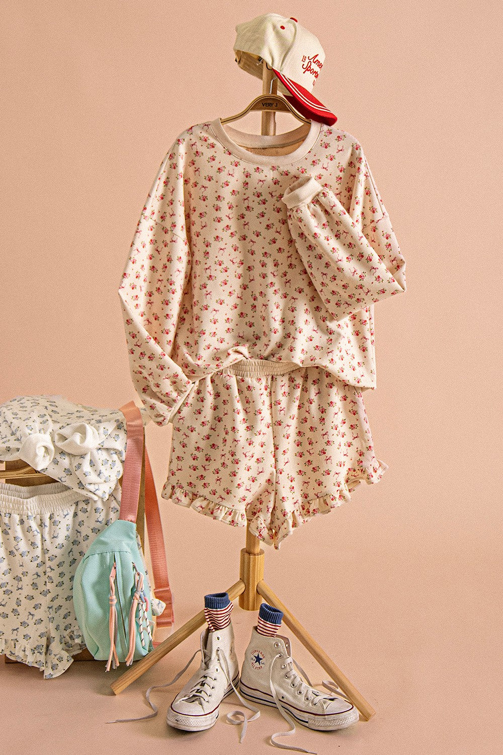 Floral Printed Knit Comfy Top & Shorts Set