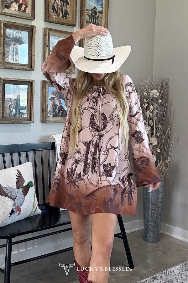 Camel Rope Printed Drawstring Neckline Dress