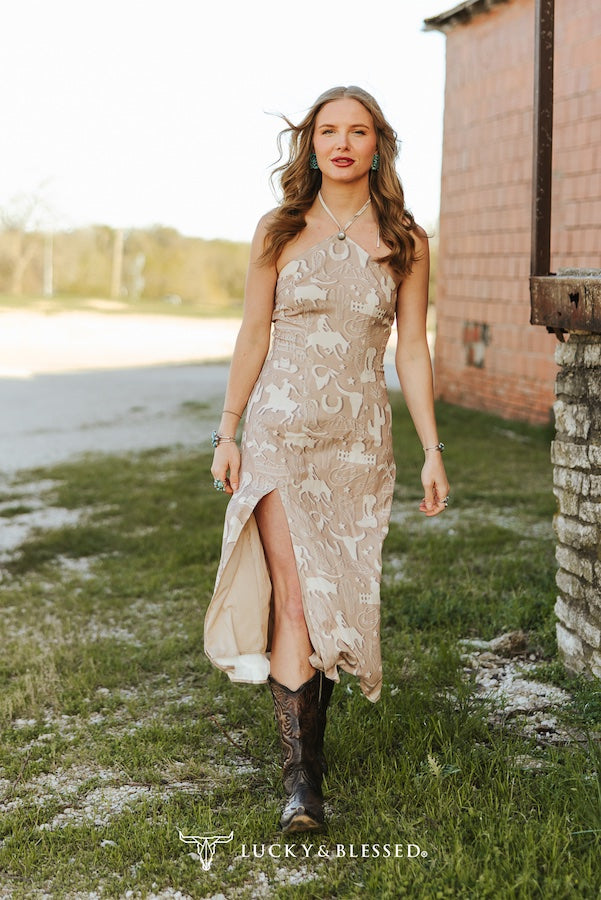 Western Printed Halter neck Front Leg Slit Sleeveless Dress