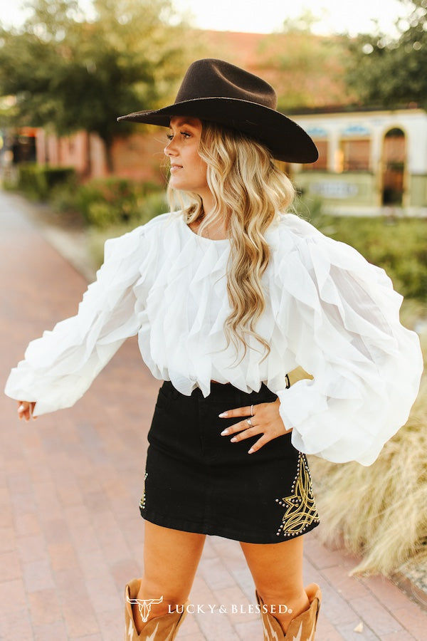 Black Denim Boot-stitch Embroidered Studded Skirt