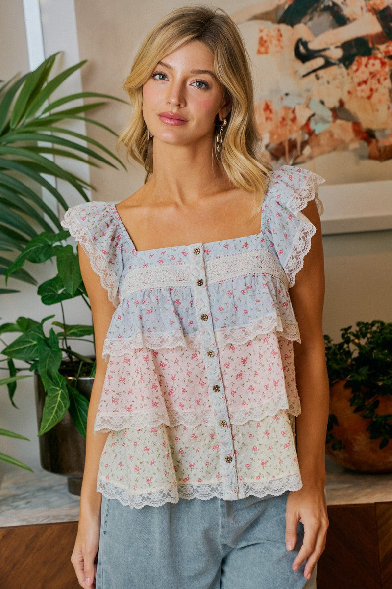 Floral Color Block Lace Trimmed Ruffled Top