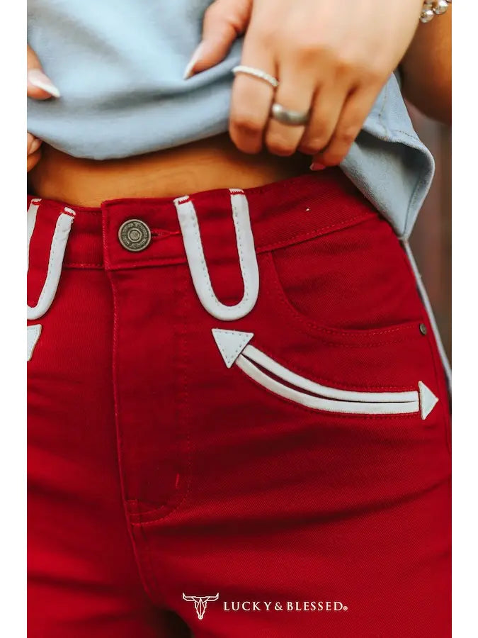 Lucky and Blessed Red Western Yoked Trouser Jeans