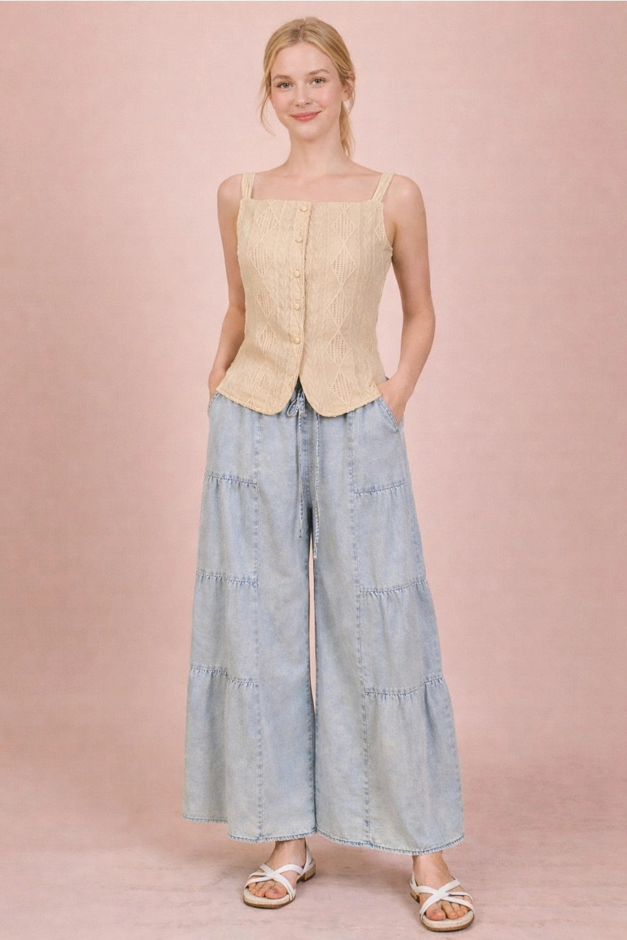 Very J Tiered Layers Mineral Washed Chambray Pants