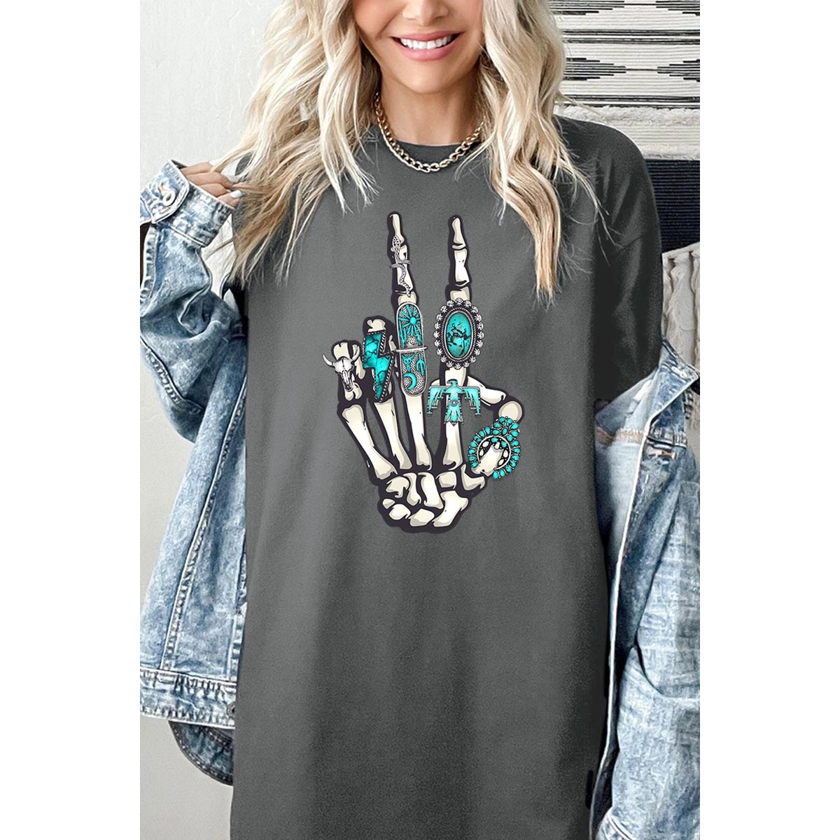 Turquoise Skeleton Hand Graphic Tee