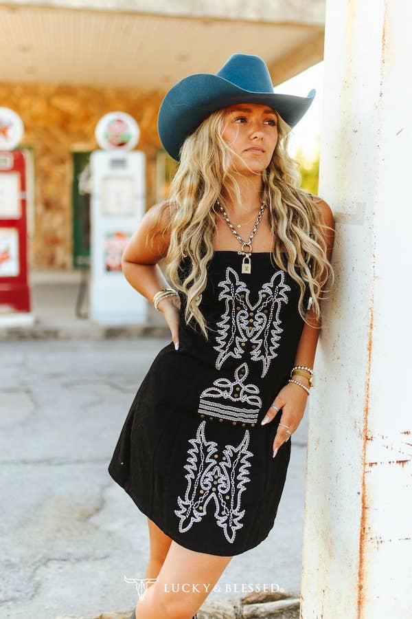 Out West Black Denim Tank Dress with Buckles