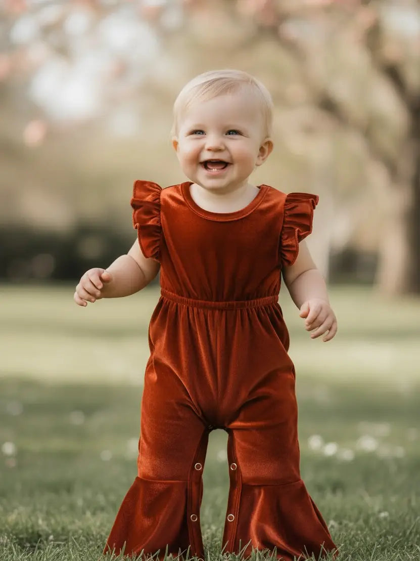Rust Velvety Baby Romper with Snaps.