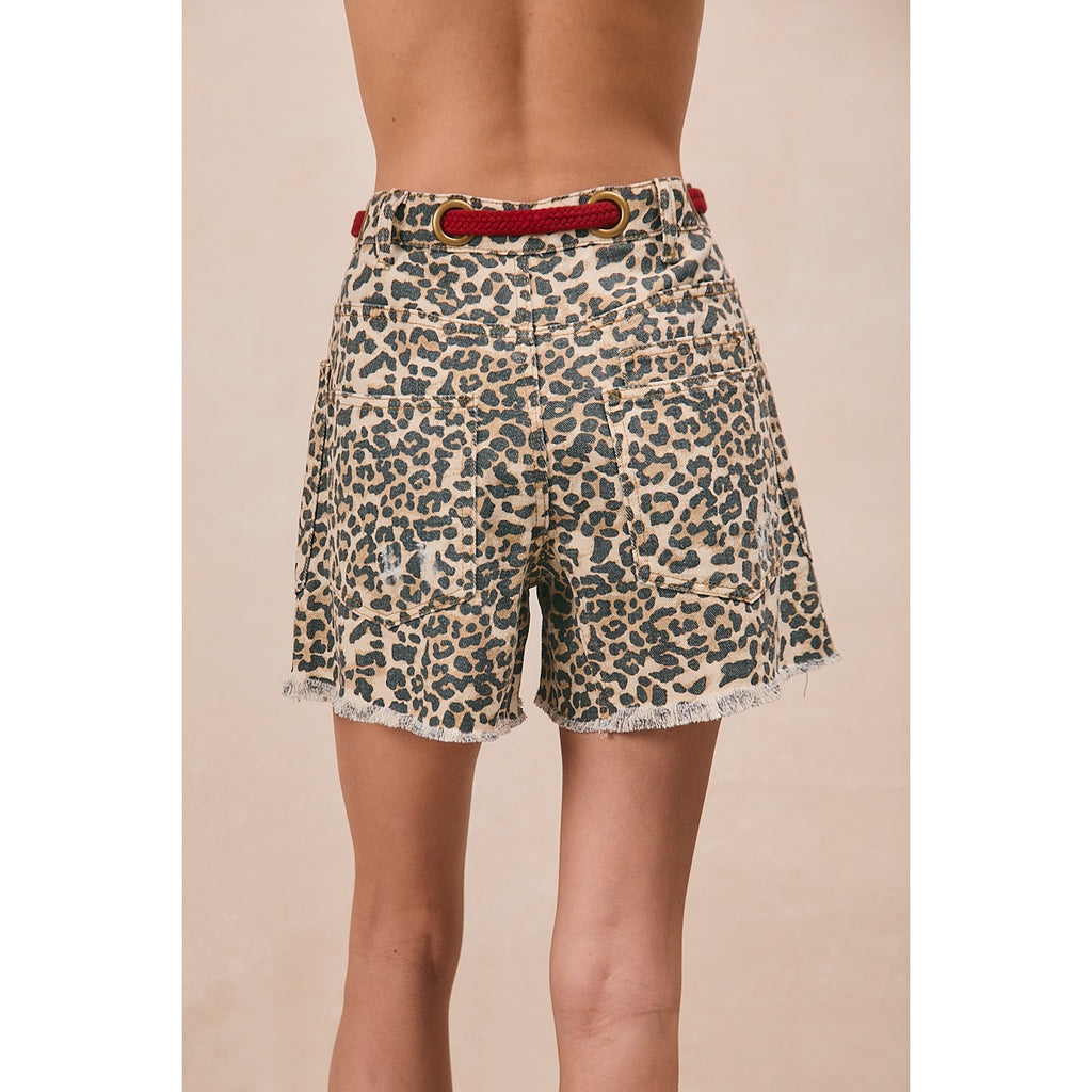 Braided Waist Belt Patch Pockets Leopard Shorts