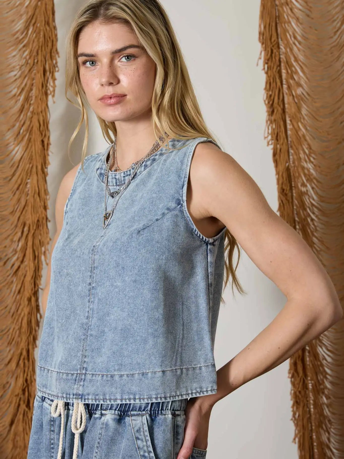 Washed Denim Back Button Sleeveless Top