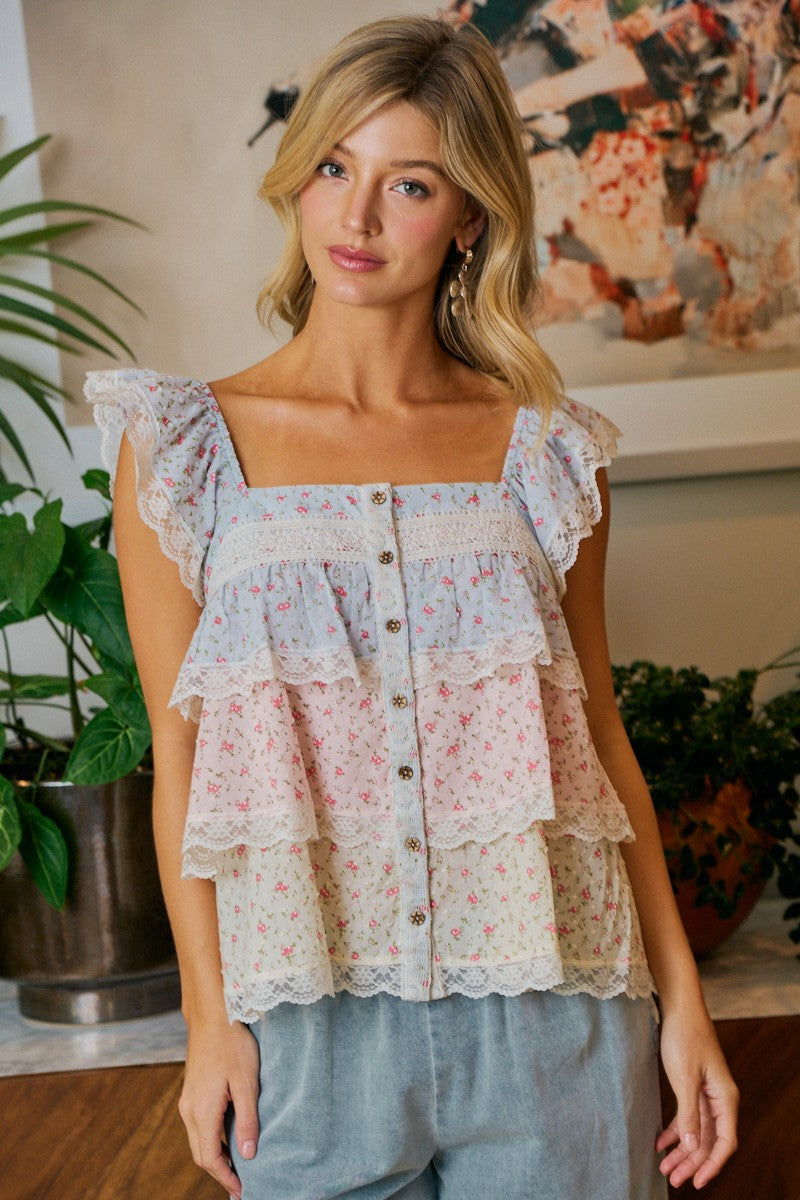 Floral Color Block Lace Trimmed Ruffled Top