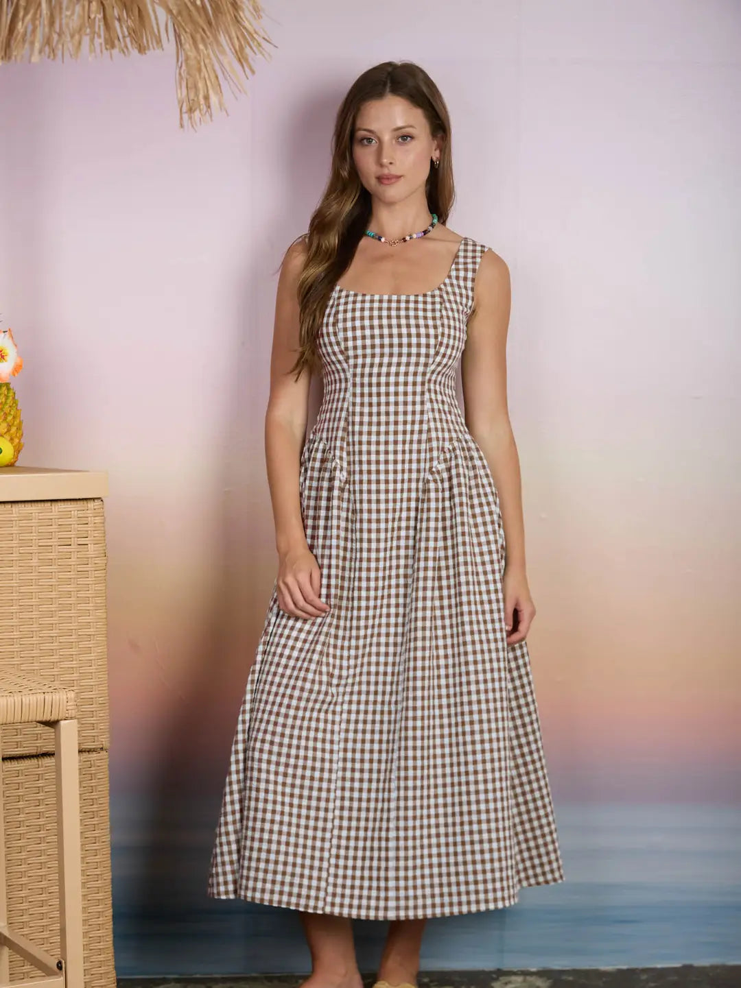 Gingham Drop Waist Midi Dress