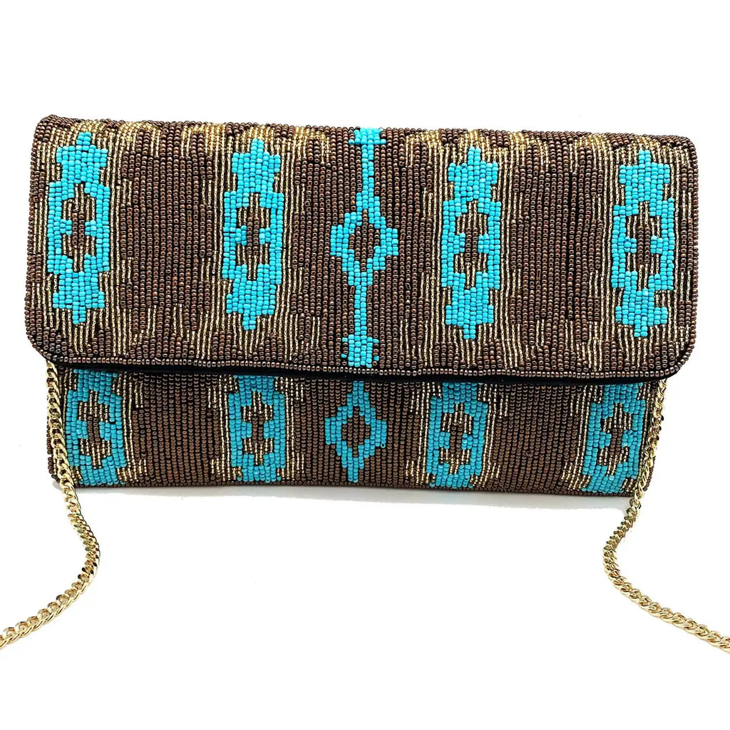 Gold and Turquoise Ikat Beaded Cluth/Handbag