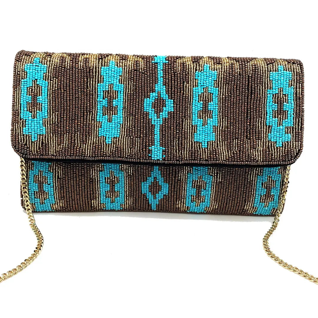 Gold and Turquoise Ikat Beaded Cluth/Handbag