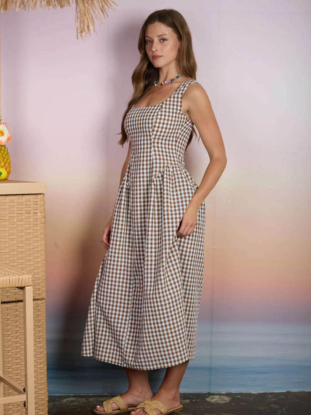 Gingham Drop Waist Midi Dress