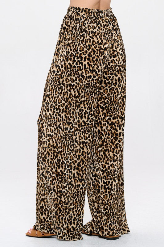 Leopard Print Plisse Lined Straight Pants