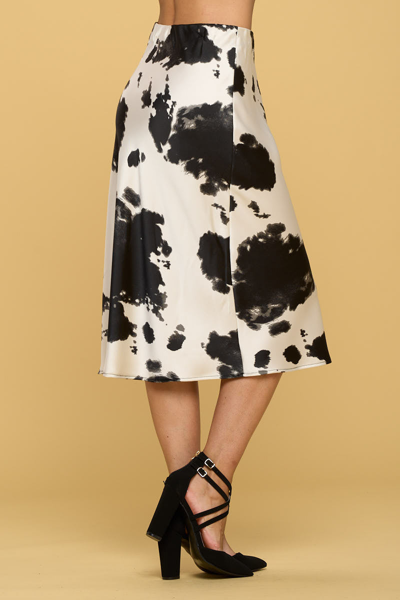 Cow Print Satin Midi Skirt