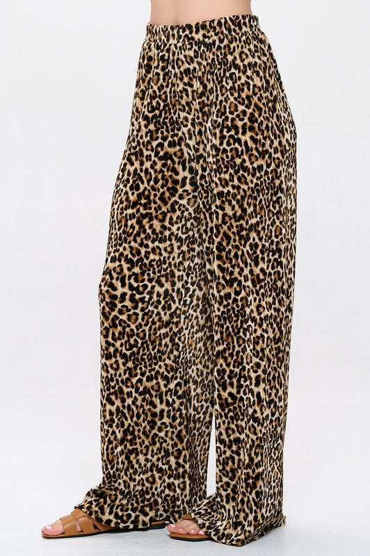 Leopard Print Plisse Lined Straight Pants