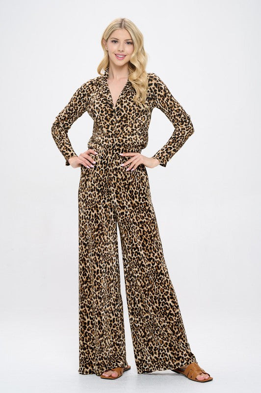 Leopard Print Plisse Lined Straight Pants
