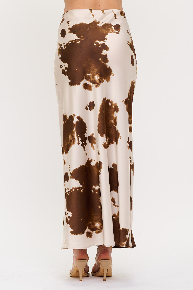 Cow Print Maxi Skirt with Elastic Waist