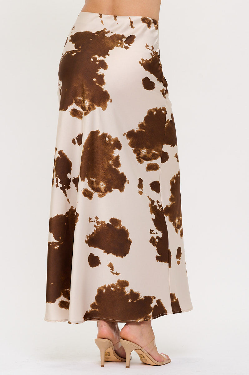 Cow Print Maxi Skirt with Elastic Waist
