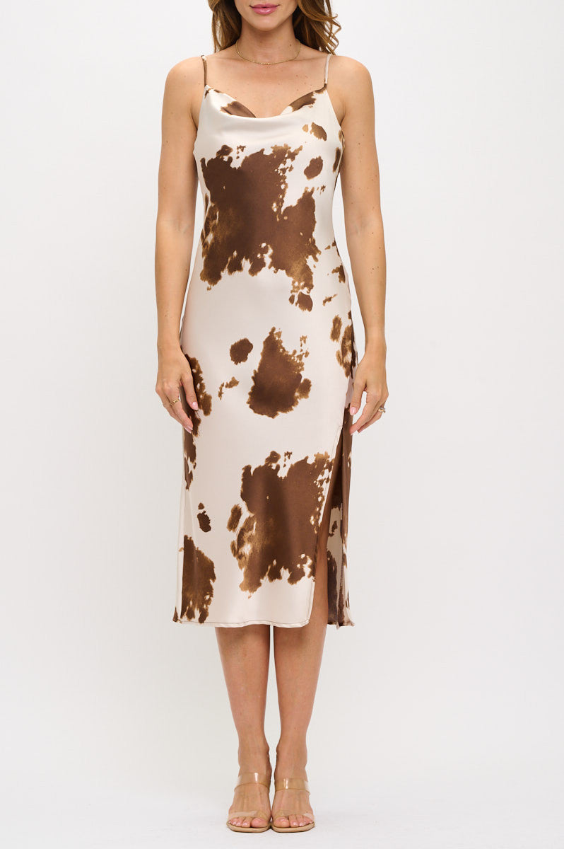 Cow Print Western Bias Slip Dress with Slit