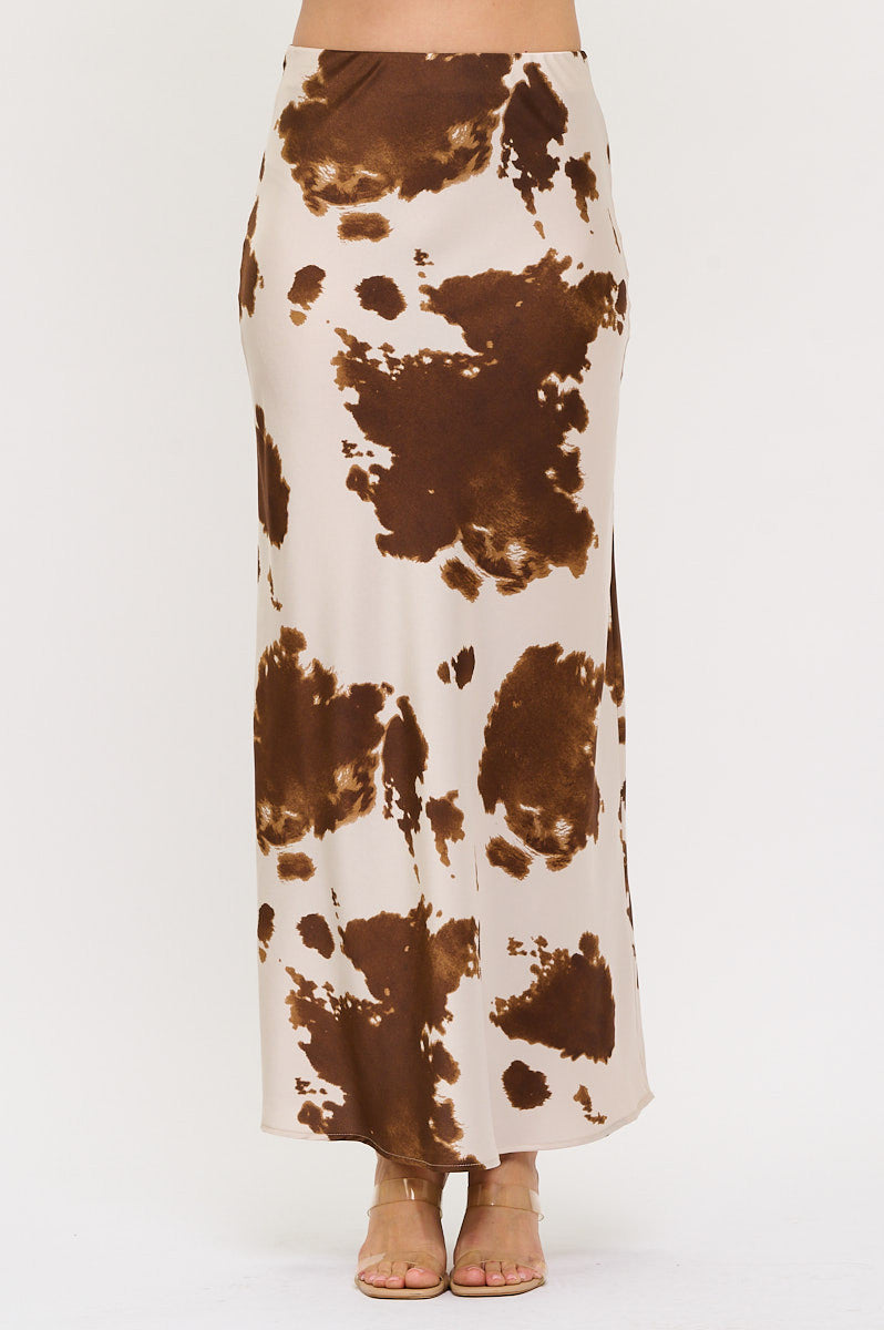 Cow Print Maxi Skirt with Elastic Waist