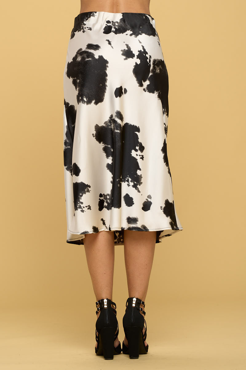 Cow Print Satin Midi Skirt
