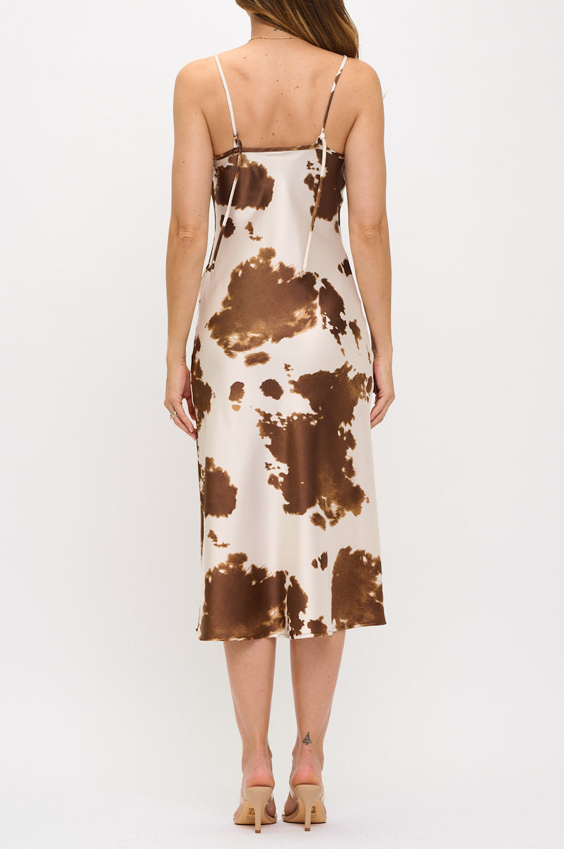 Cow Print Western Bias Slip Dress with Slit