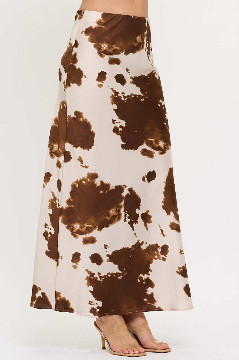 Cow Print Maxi Skirt with Elastic Waist