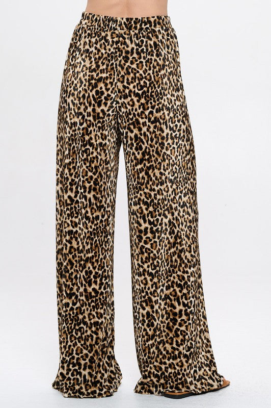 Leopard Print Plisse Lined Straight Pants