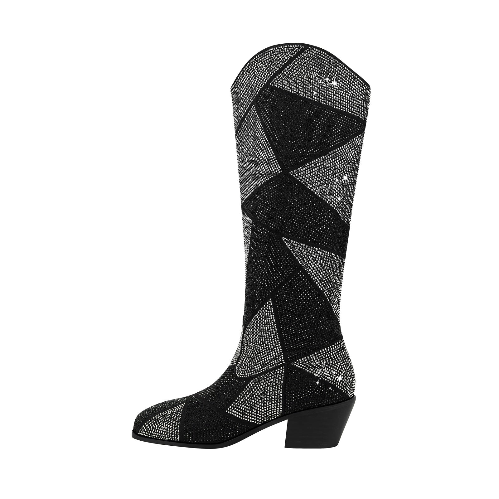 Geometric Black Silver Sparkle Western Knee High Boots