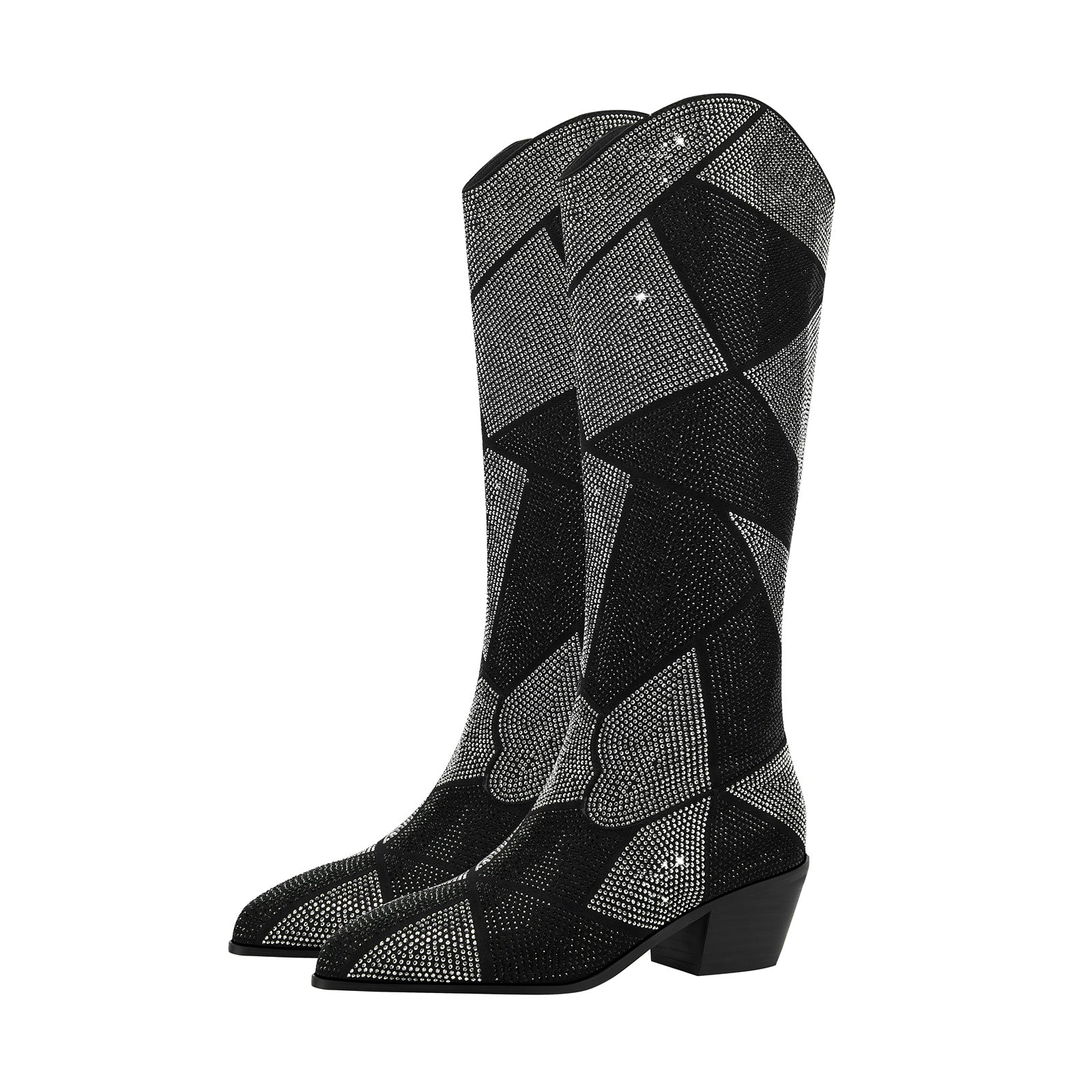 Geometric Black Silver Sparkle Western Knee High Boots