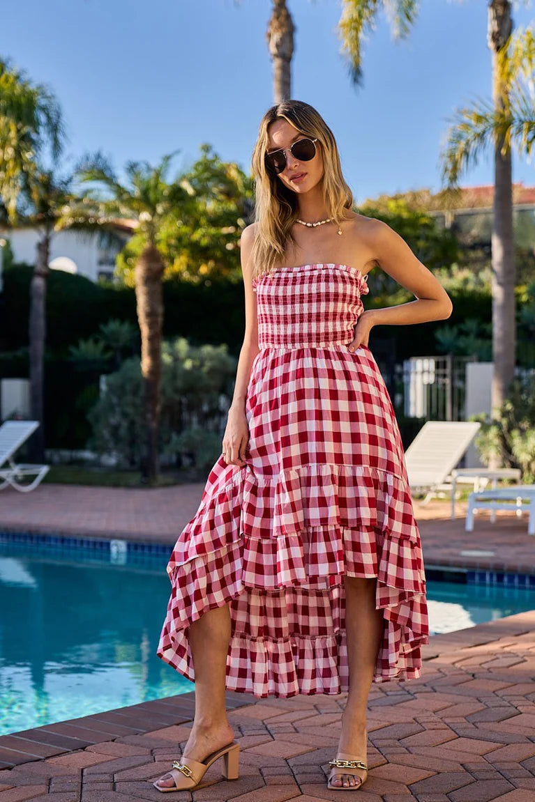 SMOCKED BODY OFF SHOULDER CHECK DRESS