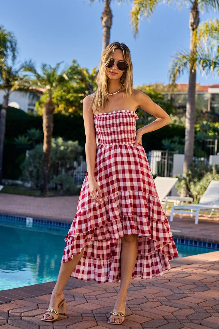 SMOCKED BODY OFF SHOULDER CHECK DRESS
