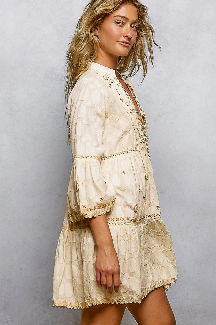 Pol Stitch Bead Detail Trim V-Neck Woven Roomy Fit Dress - Natural Multi