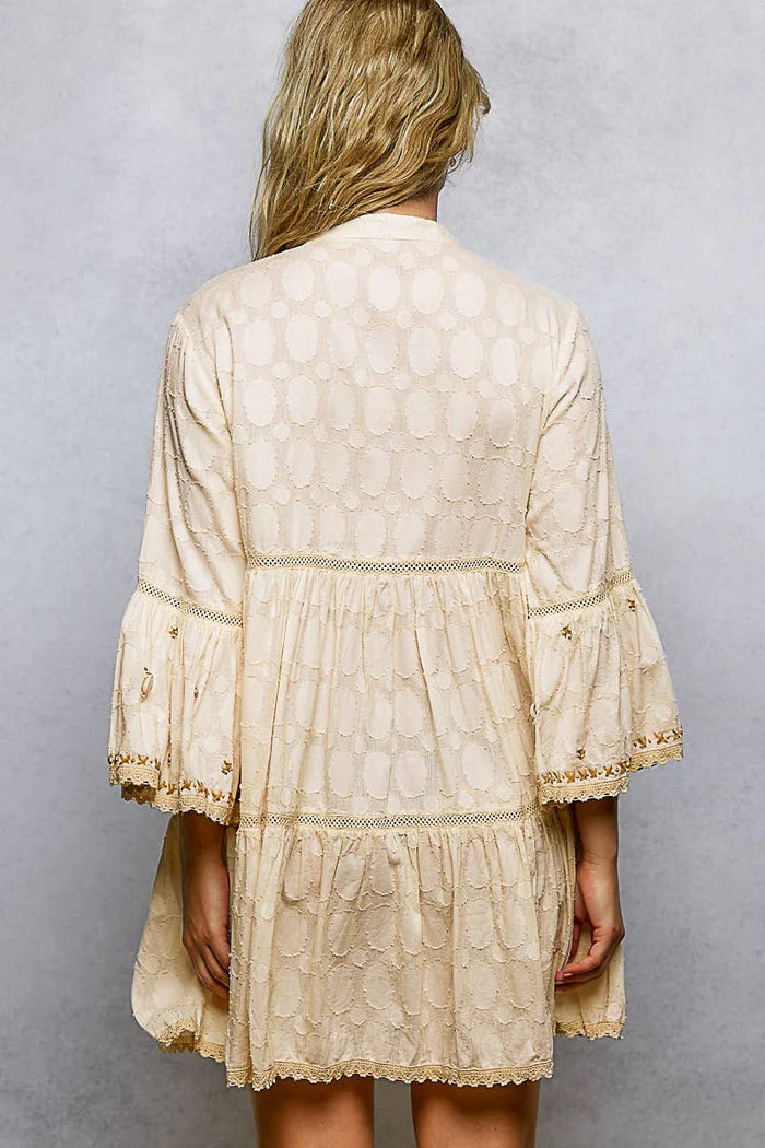 Pol Stitch Bead Detail Trim V-Neck Woven Roomy Fit Dress - Natural Multi